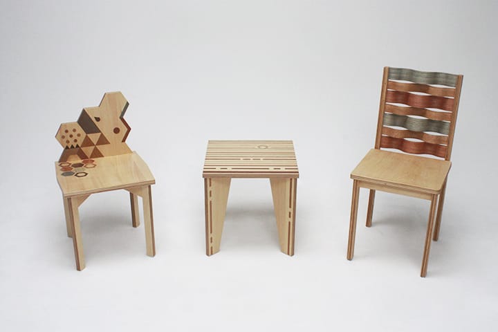 廃棄果物で染色した木材単板を化粧材とした椅子のデザイン