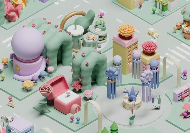 イラストレーションの制作 花とともに過ごす仙台駅周辺の風景