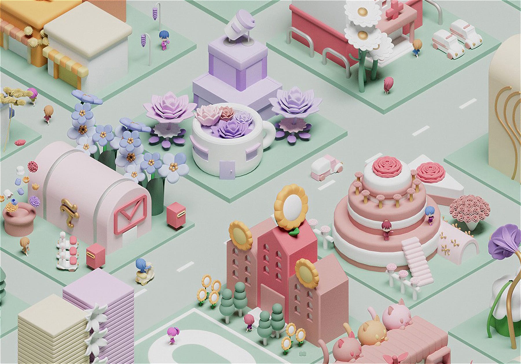 イラストレーションの制作 花とともに過ごす仙台駅周辺の風景