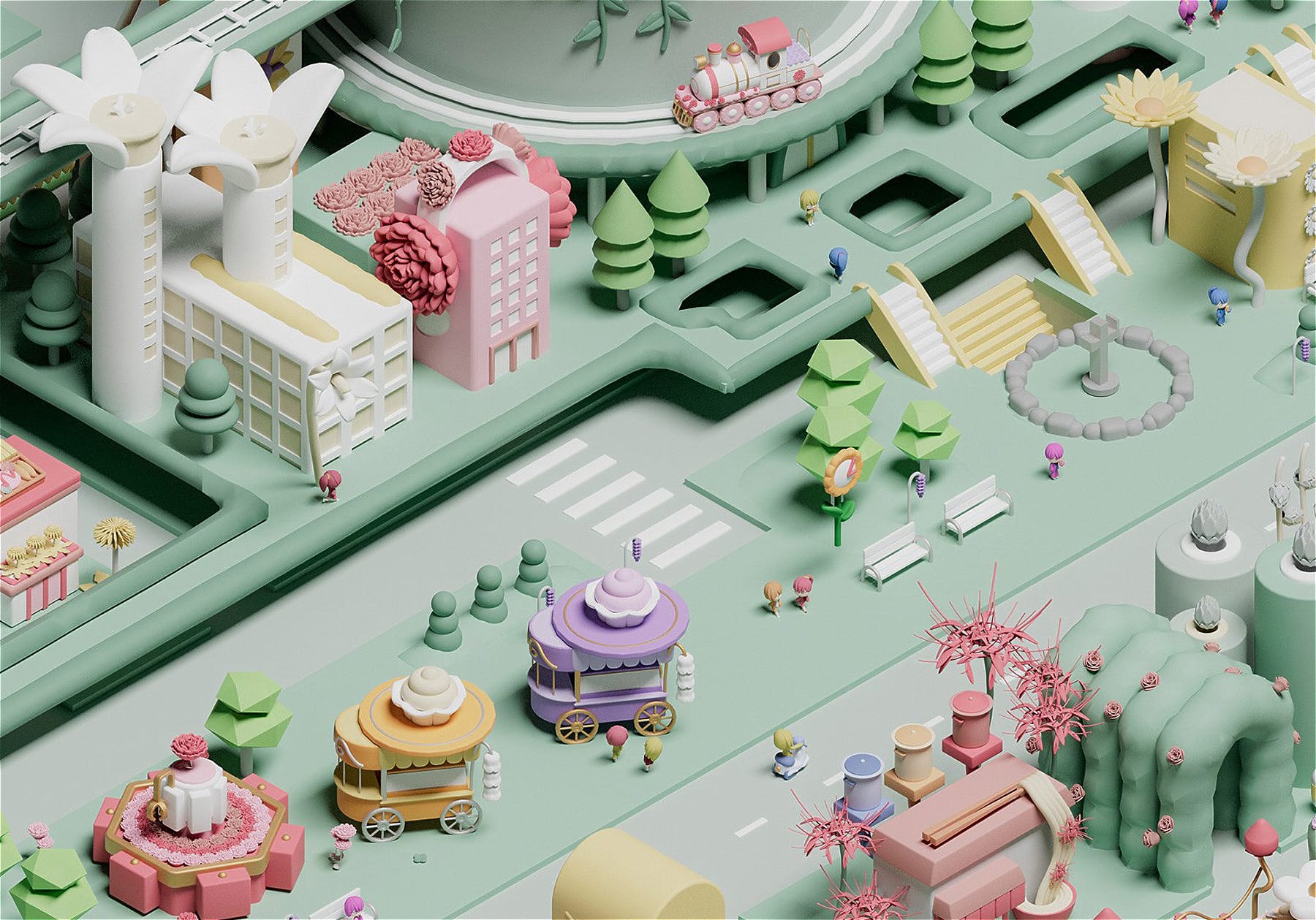 イラストレーションの制作 花とともに過ごす仙台駅周辺の風景